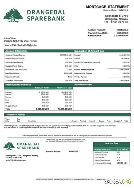 Modèle Word et PDF de relevé hypothécaire de la Sparebank de Drangedal en Norvège